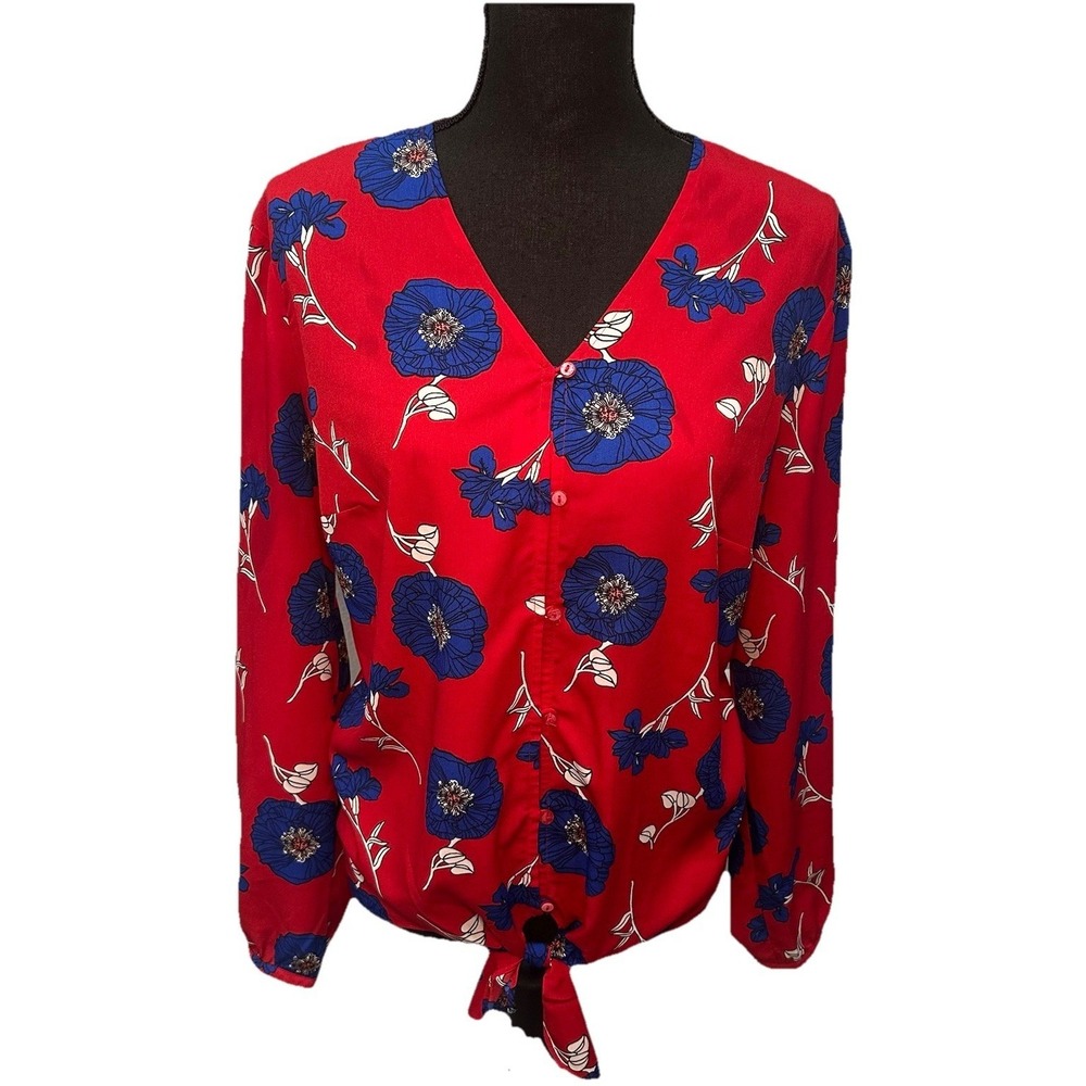 Liz Claiborne Blouse Womens Large Red Blue Floral Print Long Sleeve Button Up